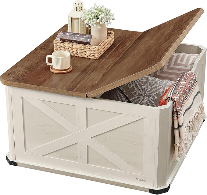 Living Room Furniture VASAGLE VASAGLE LIRY Collection - Farmhouse Coffee Table with Storage, Square Center Coffee Table for Living Room, with Hidden Compartment, Flip-Top Lids, Hon