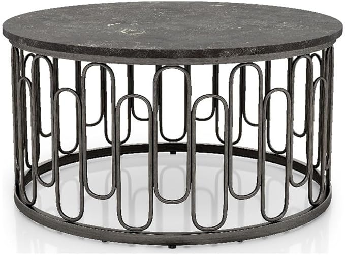 Living Room Furniture Pemberly Row Contemporary Round Coffee Table, 36 in Black Metal Base with Grey Marble Top