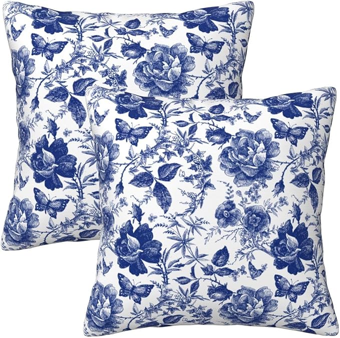 Living Room Decor Tebjh Blue and White Porcelain Floral Butterfly Pillow Covers 18x18 in Vintage Chinoiserie Couch Pillow Case Sets of 2 Modern Decorative Square Throw Pillows for 