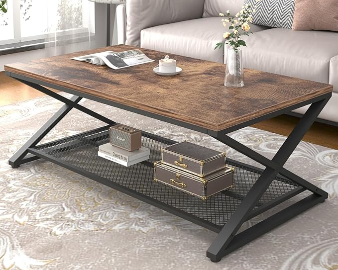 Living Room Furniture LVB LVB Rustic Coffee Table with Storage, Industrial Wood Metal 2 Tier Center Living Room Table with Mesh Shelf, Farmhouse Wooden Low Rectangle Cocktail Tea T