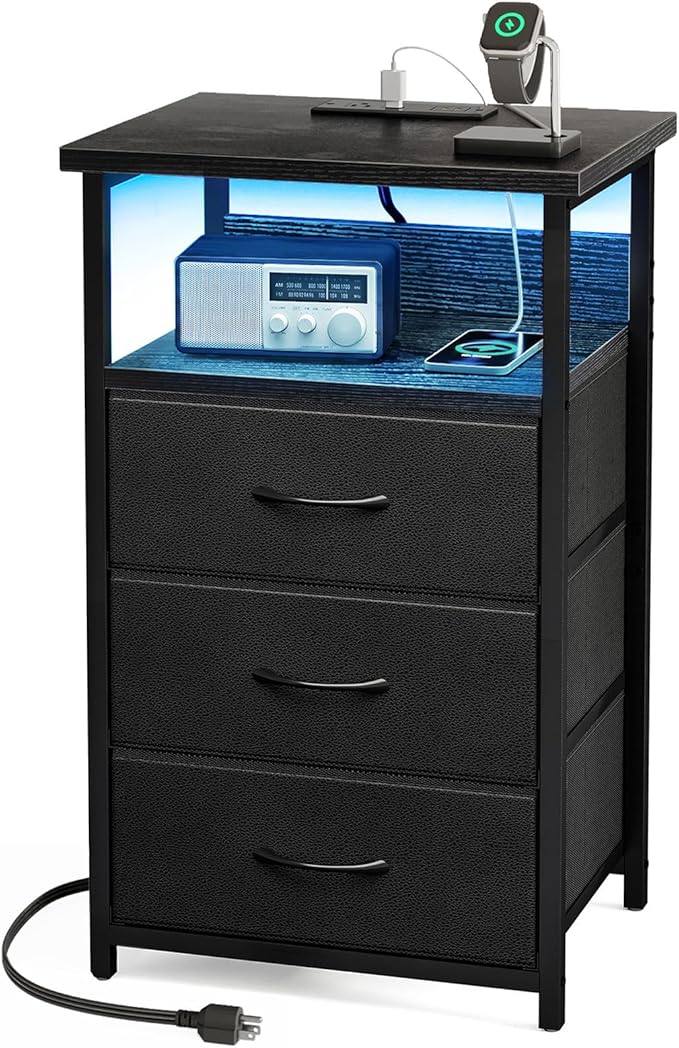 Bedroom Furniture Fixwal Fixwal Night Stand with Charging Station, LED Nightstand with U-S-B Ports and Outlets, 3 Fabric Storage Drawers with PU Finish, Bedside Table, Black