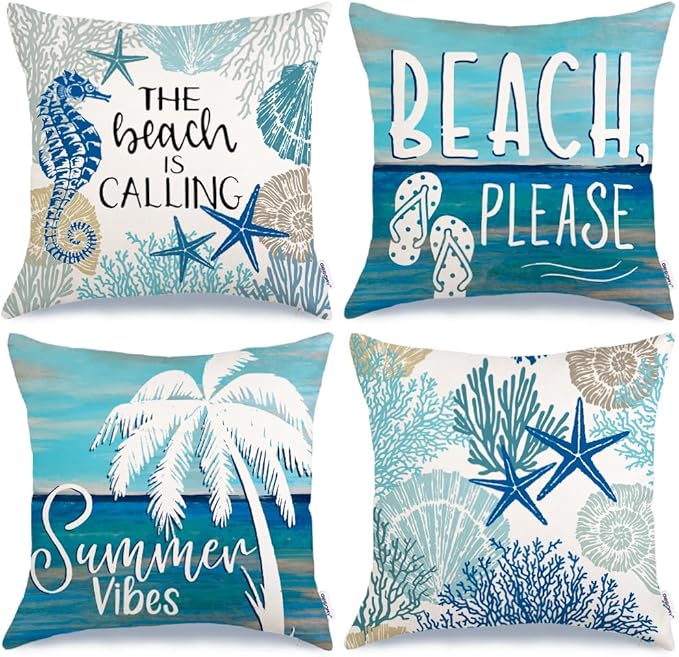 Living Room Decor GEEORY GEEORY Summer Pillow Covers 18x18 Inch Set of 4, Summer Vibes The Beach is Calling Sea Palm Tree Starfish Coral Farmhouse Decorative Throw Pillowcases for 
