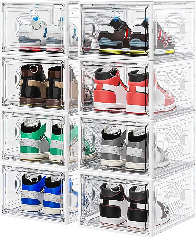 Bathroom Storage YFXCVSL 8 Pack Thicken & Clear Shoe Boxes Organizer with Magnetic Door, Stackable Storage Boxes for Shoes, Boot, Sneaker - Harder Plastic Shoe Storage Stackable Sh