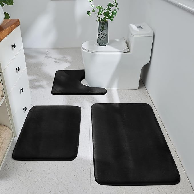 Bathroom Decor HUXMEYSON HUXMEYSON Bathroom Rugs Sets 3 Piece, Ultra Soft Velvet Memory Foam Bath Rugs, Non-Slip & PVC Backing Bathroom Mat Set, Washable Quick Dry Bath Rug - Black