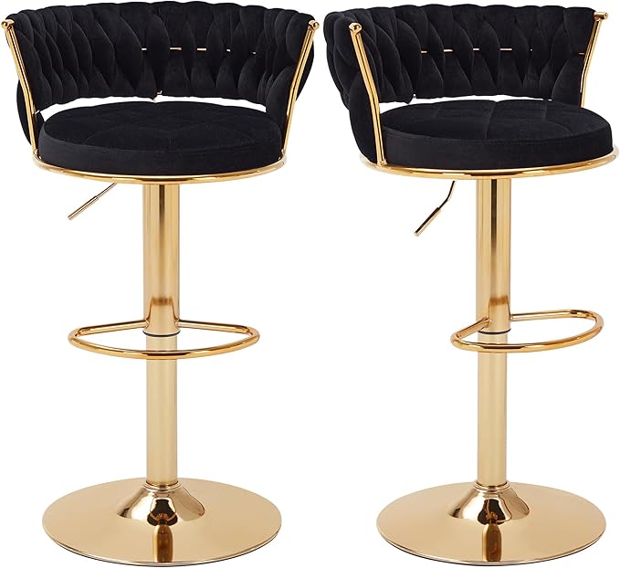 Kitchen Furniture VECELO VECELO Bar Stools Set of 2, Adjustable Barstools Counter Height Stools with Back and Arm, Velvet Woven Kitchen Island Stools w/Gold Metal Leg & Base, 360° 