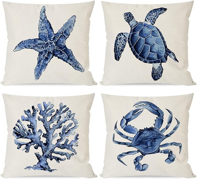 Living Room Decor PANDICORN PANDICORN Sea Life Coastal Throw Pillow Covers 18x18 Inch Starfish Turtle Crab Coral Indigo Blue Summer Beach Ocean Nautical Outdoor Decorations Decorat