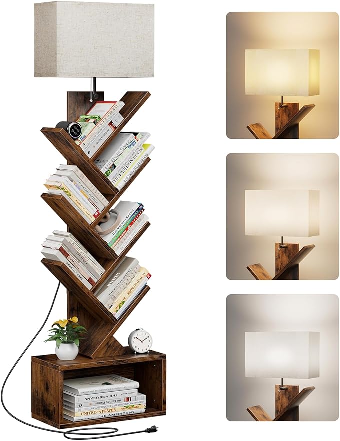 Living Room Furniture Evermagin Evermagin 6 Tier Tree Bookshelf with Light, Narrow Bookcase Tower, Tall Floor Standing Book Organizer with Storage Cabinet for Living Room, Bedroom 