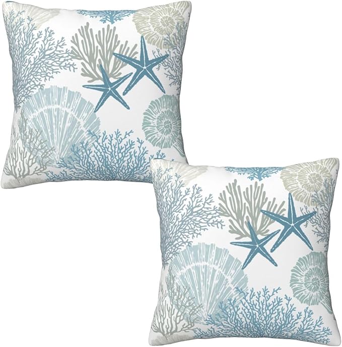 Living Room Decor Tebjh Nautical Coastal Beach Pillow Covers 18x18 Set of 2, Ocean Themed Seashell Coral Starfish Throw Pillow Covers Outdoor Decorative Pillow Case for Couch Bed S