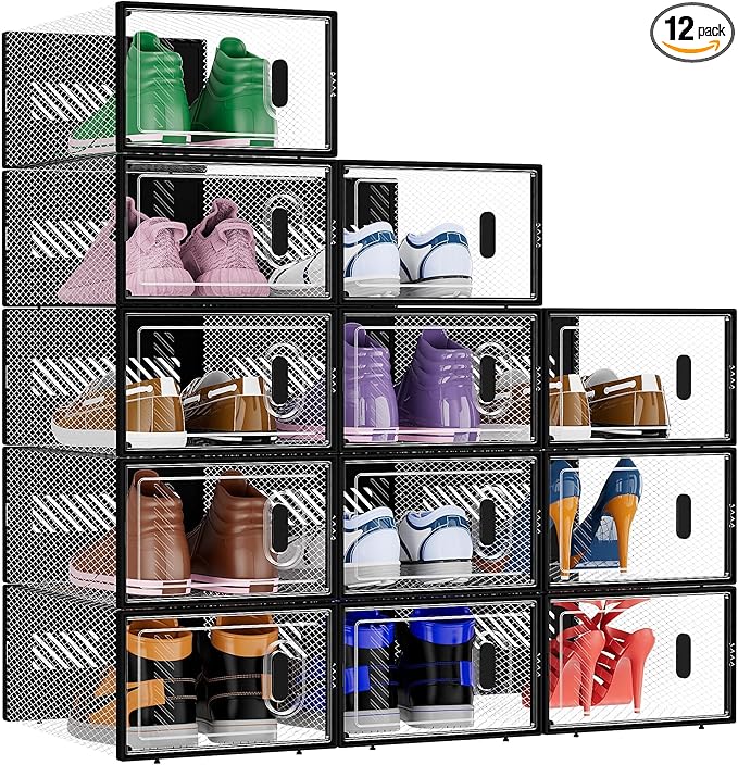 Bathroom Storage BALEINE BALEINE 12 Pack Stackable Shoe Storage Boxes Fit Size 9, Thickened Clear Shoe Box Bins with Lids, Plastic Foldable Organizer Sneaker Storage Containers (Large, Black)