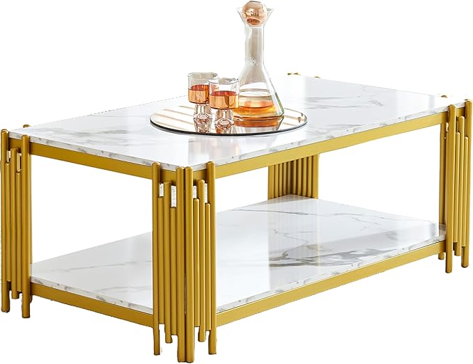 Living Room Furniture Kootlena 44.8" White Marble Coffee Table with Storage, 2-Tier Rectangular Faux Marble Cocktail Table with Gold Metal Frame, Luxury Center Table Living Room Tables, Mid Century Mode