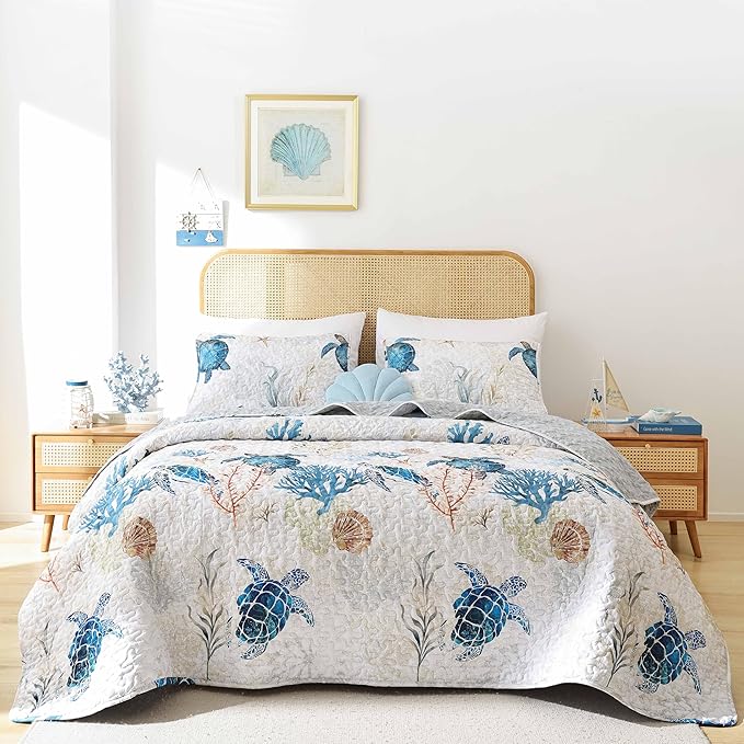 Bedroom Decor weigelia weigelia Coastal Quilt Set Queen Size - Sea Turtle Ocean Print Lightweight Soft Microfiber Summer Comforter with 2 Pillow Cases - Beach Bedding Coverlet Deco