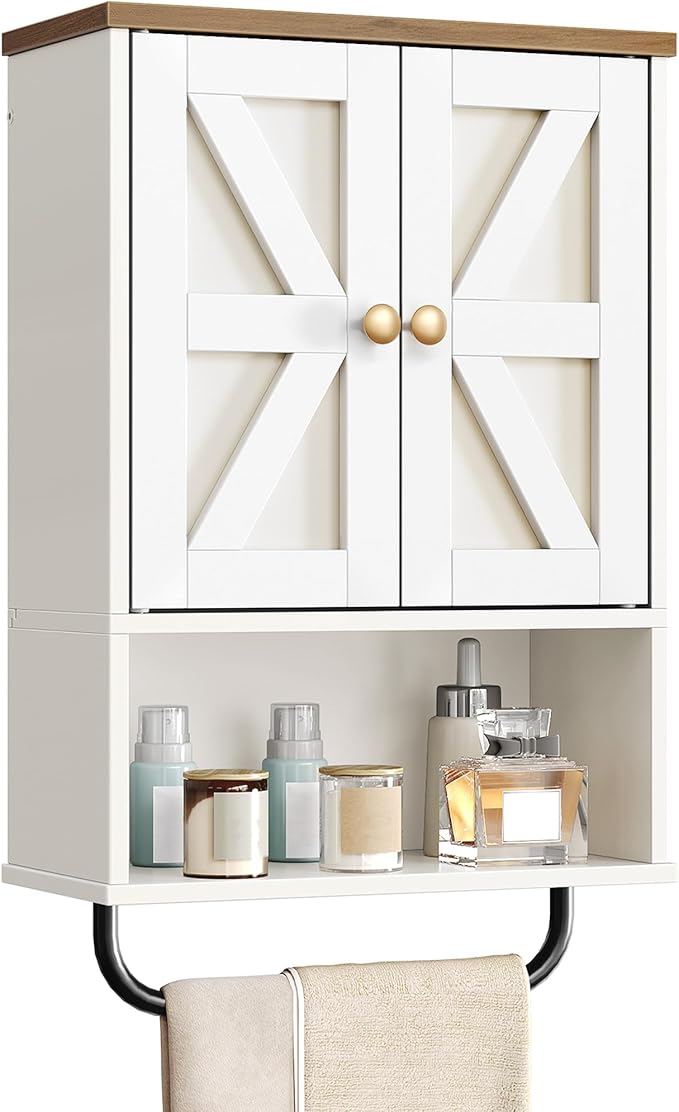 Bathroom Furniture CHOEZON Bathroom Wall Cabinet, Medicine Cabinet with Open Partition and Towel Bar, Rustic Storage Cabinet with Open and Hidden Storage Space, for Bathroom, Livin