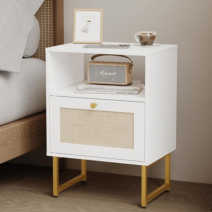 Bedroom Furniture JOONEE Rattan Nightstand,Farmhouse Bedside Table with Storage Drawer and Open Shelf,Modern Boho Small Gold Frame Side End Table for Bedroom,Living Room,Office(White)