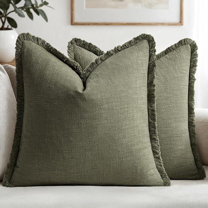 Living Room Decor MIULEE MIULEE Decorative Throw Pillow Covers Neutral Linen Fringe Throw Pillows Set of 2 Olive Green Boho Farmhouse Cushion Covers with Tassels for Couch Sofa Bed
