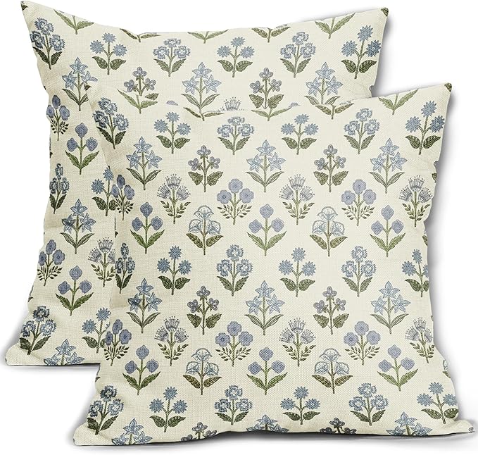 Bedroom Decor Sivirary Blue Green Block Print Pillow Covers 18x18 Inch Set of 2, Vintage Floral Spring Decorative Throw Pillow Cases Boho Cushion Covers Rustic Decoration Gift Farm