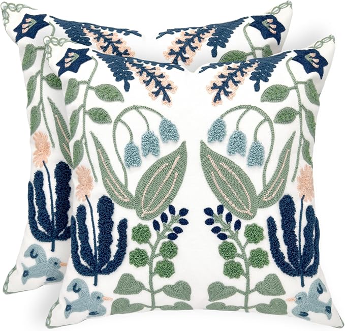 Living Room Decor Alysheer Alysheer Spring Floral Embroidered Decorative Throw Pillow Covers 18"x 18" Set of 2, Farmhouse Navy Blue Flowers Green Leaves Tufted Patterned Cotton Cushions