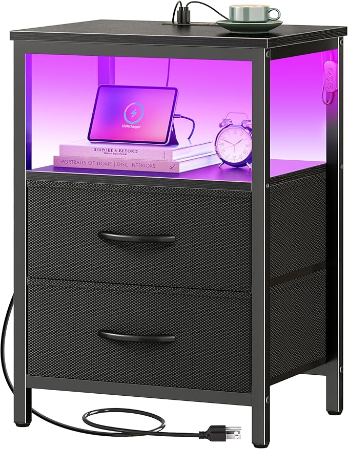 Bedroom Furniture Huuger Huuger Night Stand with Charger Station and LED Lights, 2 Drawer Nightstand, Bed Side Table with Open Shelf, End Table, Fabric Dresser for Bedroom, Black