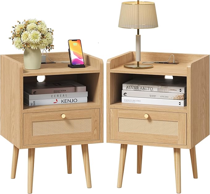 Bedroom Furniture MECHYIN Night Stand Set 2, Nightstands Set of 2 with Charging Station, Rattan Side Tables with Solid Wood Legs, Boho Bedside End Table for Farmhouse Bedroom Dorm