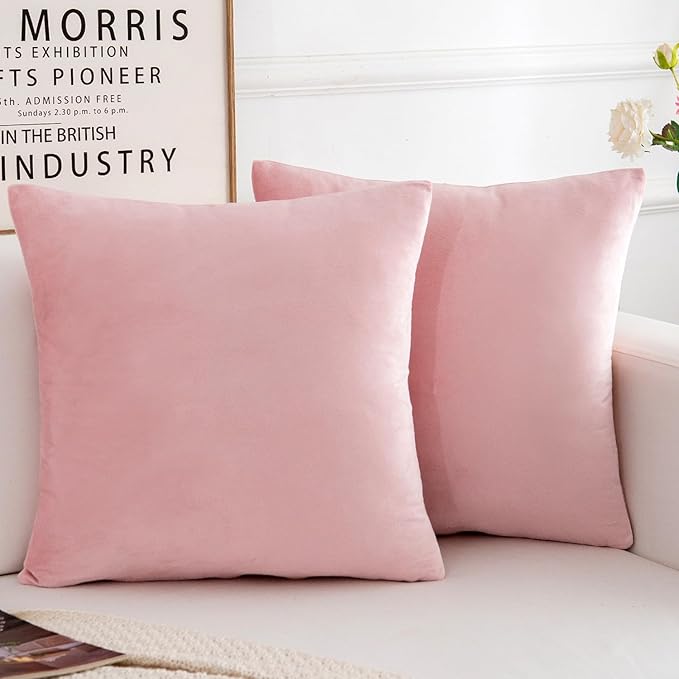 Living Room Furniture HERAYLI Velvet Decorative Throw Pillow Covers, Soft Square Cushion Case Home Decor for Living Room Couch Bed Sofa, Set of 2 Pack, Pink, 18x18 Inch