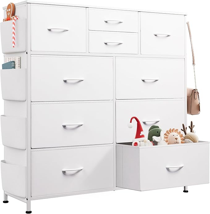 Bedroom Furniture WLIVE WLIVE White Dresser for Bedroom with 10 Drawers, Chest of Drawers with Side Pockets and Hooks, PU Storage Dresser, Sturdy Metal Frame, Drawers Organizer Uni