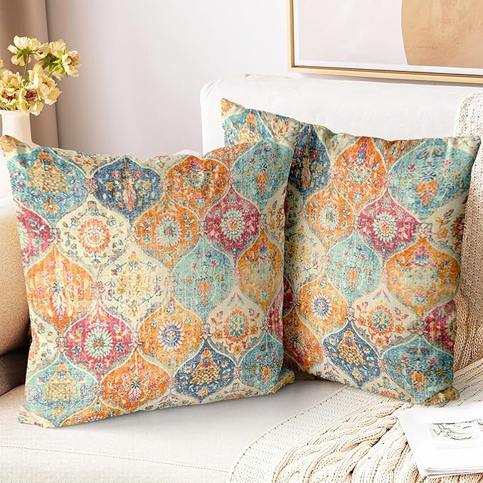 Living Room Decor ZSYTZL Boho Throw Pillow Covers 18x18 inch Set of 2,Soft Pillowcases Bohemia Carpet Printing Pattern Decorative Sofa Living Room Bed Square Pillow Case Cushion Co