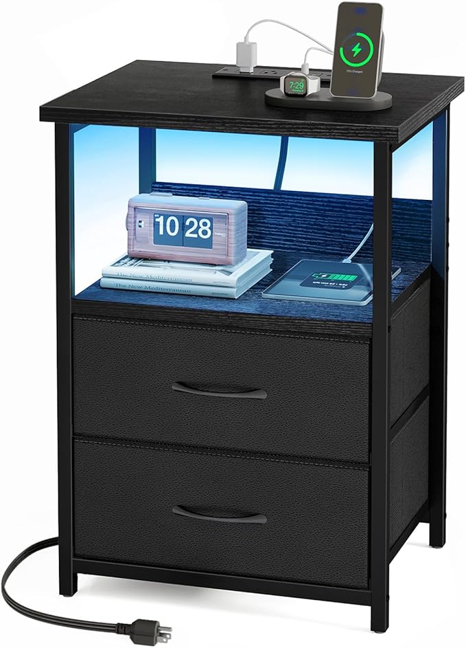 Bedroom Furniture Fixwal Fixwal Night Stand with Charging Station, LED Nightstand with U-S-B Ports and Outlets, 2 Fabric Storage Drawers with PU Finish, Small Bedside Table, Black