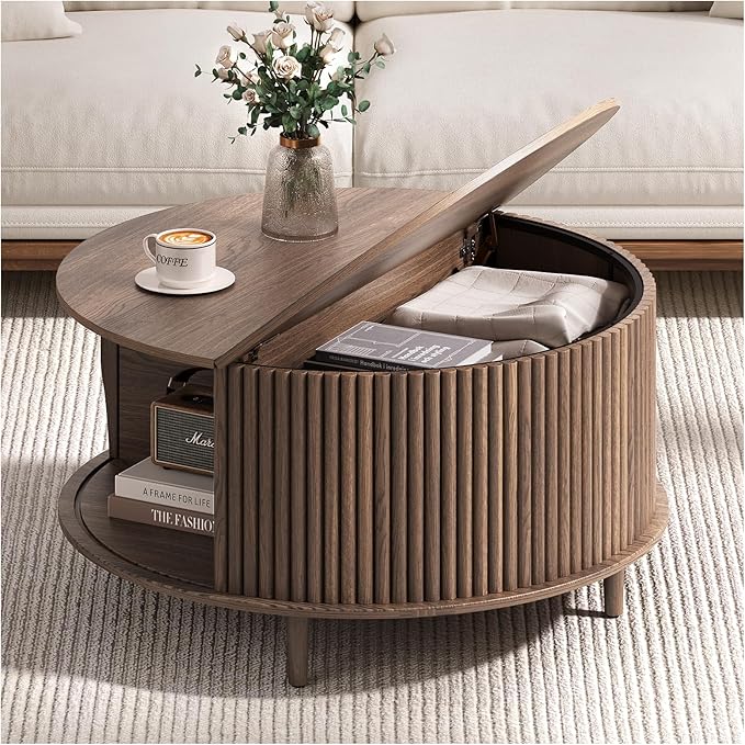 Living Room Furniture JOINICE Round Coffee Table with Storage, 31.5" Fluted Center Table for Living Room, Modern Walnut Wood Circle Drum Table with Sliding Cabinet Door, Mid Centur