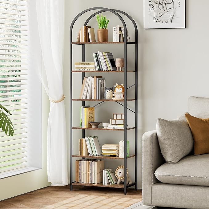 Living Room Furniture Homhedy Homhedy 6-Tier Bookshelf Arched Display Racks, Wood and Metal Bookcase, Tall Bookshelf, Industrial Display Standing Shelf Unit, for Home Office, Livin