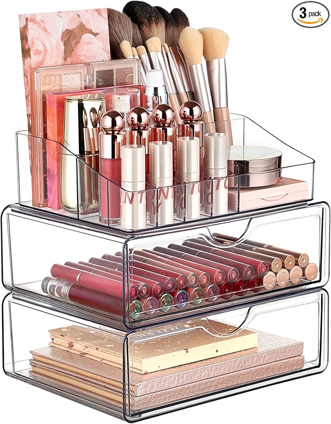 Bedroom Organisation Vtopmart 3 Tier Clear Makeup Organizer with Drawer, Cosmetic Storage for Dresser Countertop and Bathroom Vanity, Beauty Holder for Lipstick Brush Skincare