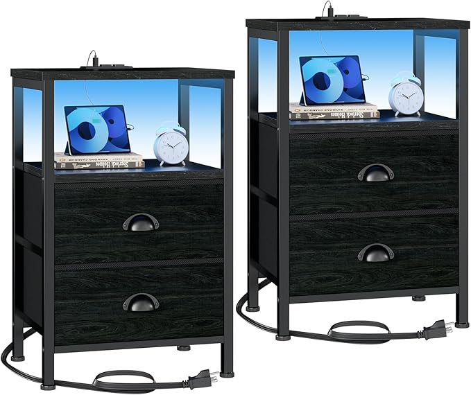 Bedroom Furniture Furologee Furologee Nightstands Set of 2, End Tables with Charging Station and LED Lights, Black Night Stands with 2 Fabric Drawers, Bedside Tables Set of 2 for L