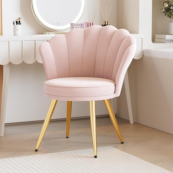 Bedroom Furniture Aivermeil Velvet Accent Chair with Gold Metal Legs, Vanity Chair for Makeup Room, Upholstered Guest Chair for Living Room, for Bedroom, Light Pink
