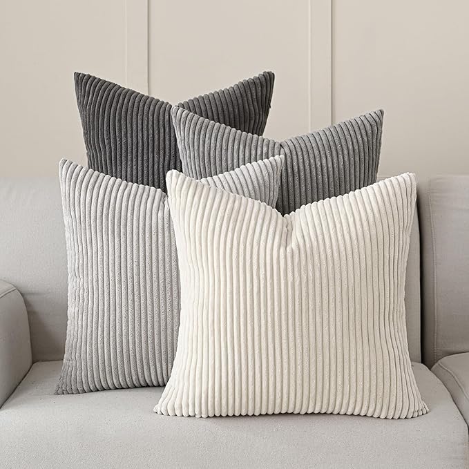 Living Room Decor Volcanics Volcanics Set of 4 Neutral Grey Corduroy Decorative Couch Throw Pillow Covers 18x18 Inch, Western Modern Farmhouse Striped Cushion Cases, Soft Boho Squa