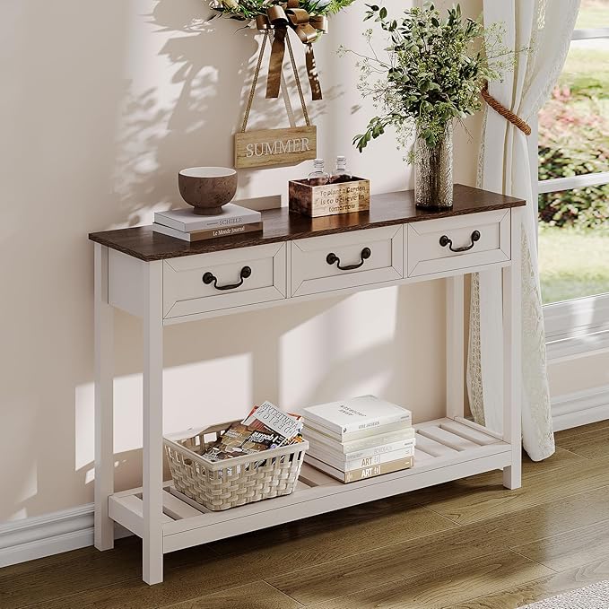 Living Room Furniture ChooChoo ChooChoo 47" Farmhouse Console Table with 3 Drawers, Rustic Entryway Table, Narrow Long Sofa Table for Living Room, Hallway, Behind Couch, Soft White