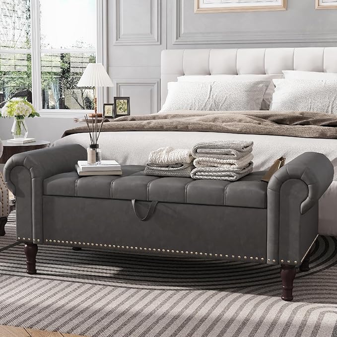 Living Room Furniture Apicizon 51” Bench with Storage, Upholstered Tufted Button Bedroom Bench with Storage, Faux Leather End of Bed Bench with Rolled Arms, Storage Ottoman Bench for Bedroom, Living Room, Entryway, Gray