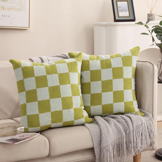 Living Room Decor Alysheer Checkered Embroidered Decorative Throw Pillow Covers 18"x 18" Set of 2, Farmhouse Cottage Blue Green Plaid Patterned Cotton Cushion Case