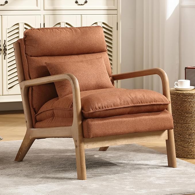 Living Room Furniture INZOY INZOY Mid Century Modern Accent Chair with Wood Frame, Upholstered Reading Armchair with Waist Cushion, Double Padded Accent Chair, Side Chair for Livin