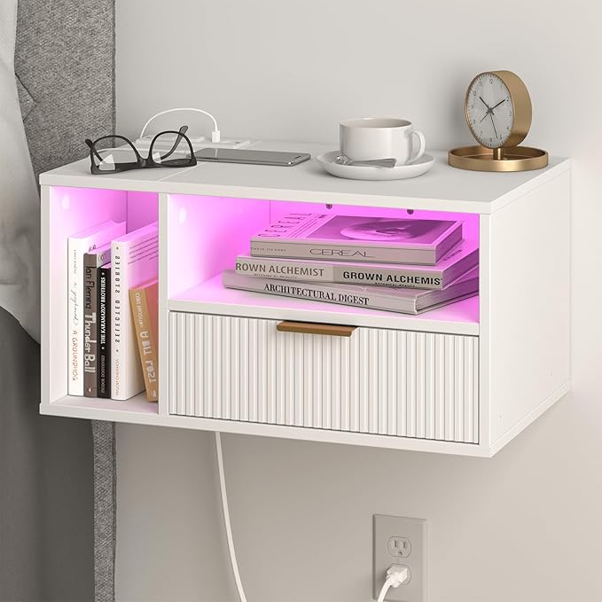 Bedroom Furniture Veegle White Floating Nightstand with Charging Station and LED Lights,White