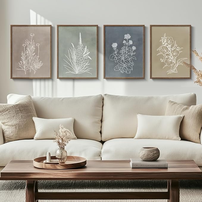 Living Room Decor Cuspin Framed Boho Botanical Wall Art for Living Room, 4 Piece Rustic Floral Canvas Painting Prints, Vintage Minimalist Neutral Flower Artwork for Modern Farmhous