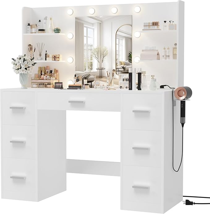 Bedroom Furniture Furmax Vanity Desk with Mirror, LED Lights and Power Outlet Makeup Vanity Table with 7 Drawers and 6 Storage Shelves Dressing Table for Bedroom Dressing Ro