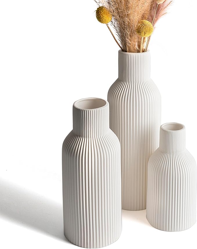 Living Room Decor TrendEcoHome White Ceramic Vases Set of 3 - Modern Matte Ribbed Vases for Pampas Grass & Dried Flowers - Minimalist Decorative Centerpieces for Living Room, Shelf