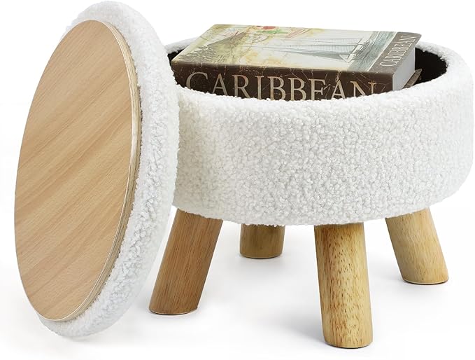 Living Room Furniture OGEMXU Ottoman Foot Rest, Small Round Ottoman with Storage, Boucle Teddy Velvet Footstool with Wood Legs, Soft Sponge Storage Ottoman for Living Room, Bedroom