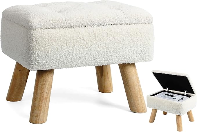 Living Room Furniture OGEMXU Storage Ottoman, Small Foot Stool Ottoman with Storage, Boucle Teddy Velvet Foot Rest with Padded Seat, Sturdy Wood Legs Stool for Living Room, Bedroom
