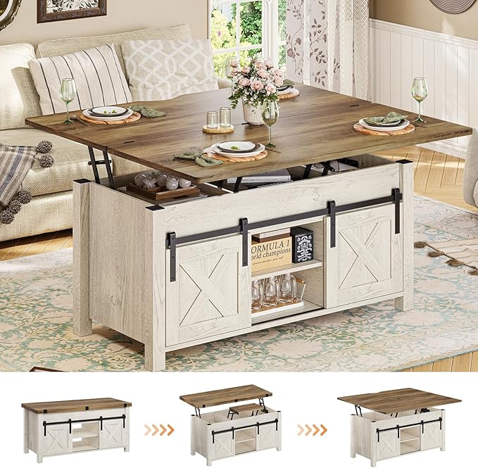 Living Room Furniture SEDETA SEDETA Lift Top Coffee Table, 4 in 1 Multi-Function Convertible Coffee Tables with Storage and Hidden Compartment, Farmhouse Coffee Table Converts to D