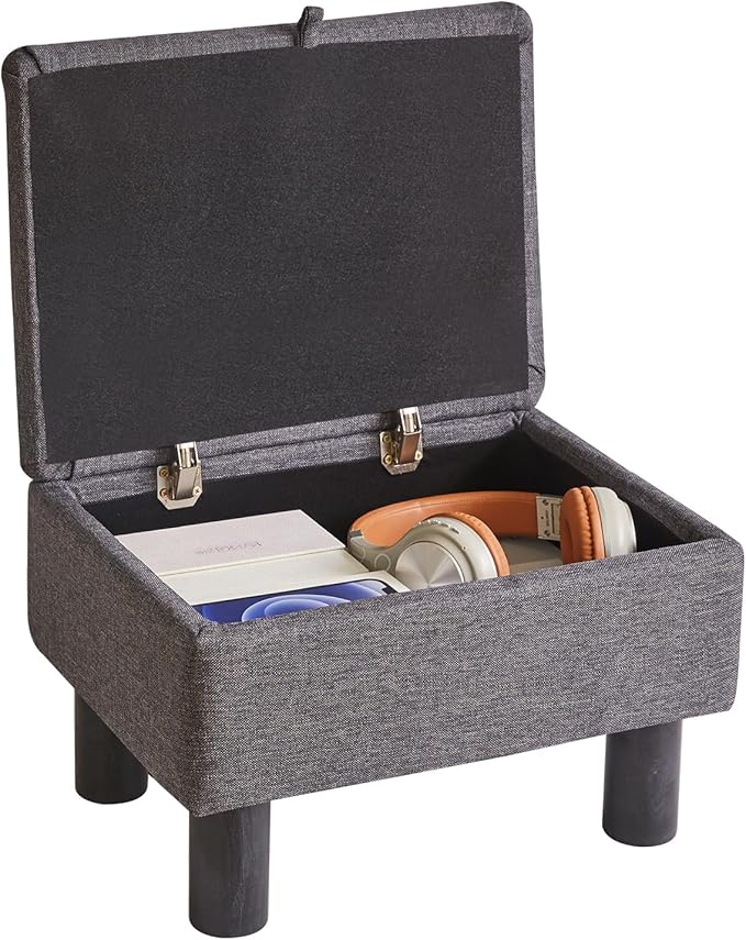 Living Room Furniture Aibiju Small Foot Stool Ottoman with Storage, Linen Foot Rest with Wood Legs Safety Hinge Flip Top, Bedside Step Stool Rectangle 16x12x9.5inch for Living Room