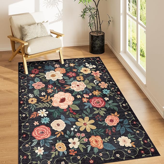Bedroom Decor DUKINO DUKINO 3x5 Area Rug, Floral Rugs for Living Room, Lightweight Non Slip Washable Rug, Indoor Low Pile & Non-Shedding Boho Design Rugs for Bedroom, Living Room,