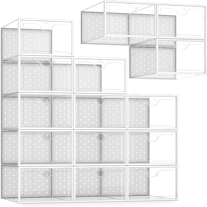 Bathroom Storage Pinkpum Pinkpum 15 Pack X-Large Shoe Storage Boxes Fit US Size 11, Shoe Organizer for Closet Clear Plastic Stackable Shoe Dispaly Case Holder Bins, Sneaker Storage