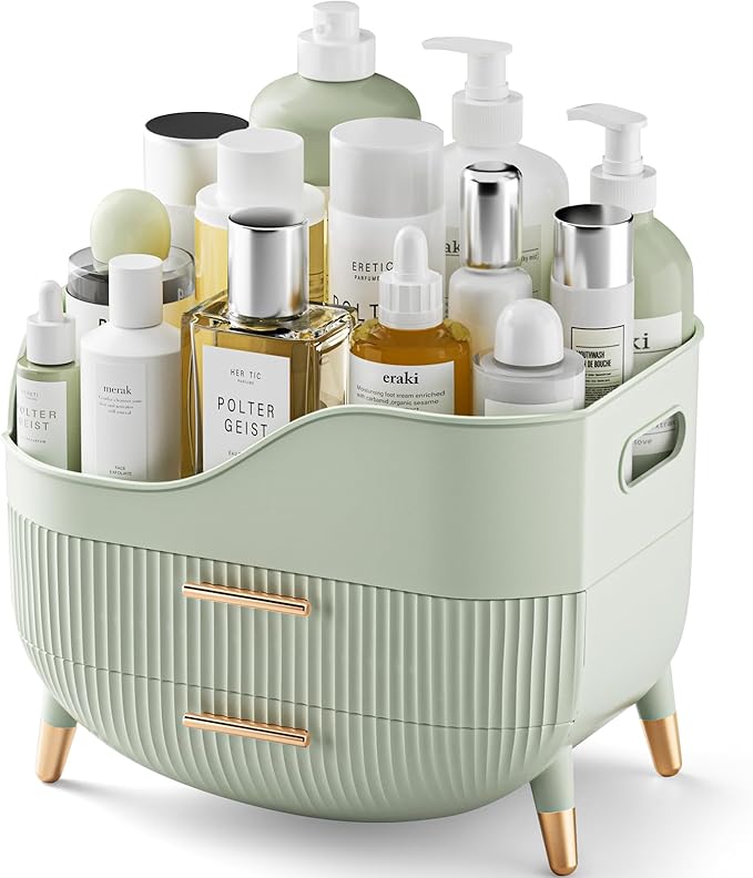 Bedroom Organisation Pajiriona Makeup Organizer with Drawers, Green Skincare Organizer for Vanity, Storage Box with Handle, Large Cosmetic Display Case for Dresser, Bathroom Countertop