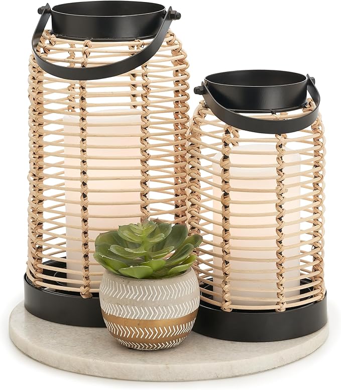 Kitchen Decor KIBAGA Natural Rattan Boho Lanterns - Handcrafted Chic Decor to Enhance Your Home - Modern Farmhouse Beauty Perfect for Any Living Room, Patio & Porch, Indoor and Outdoor