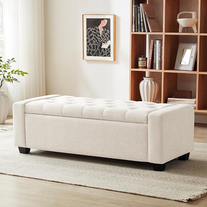 Bedroom Furniture Huatean Home 48" Ottoman with Storage, Storage Ottoman Bench with Safety Hinge, Upholstered Entryway Bench with Seating for Bedroom, Living Room, Holds up to 330 lb, Beige