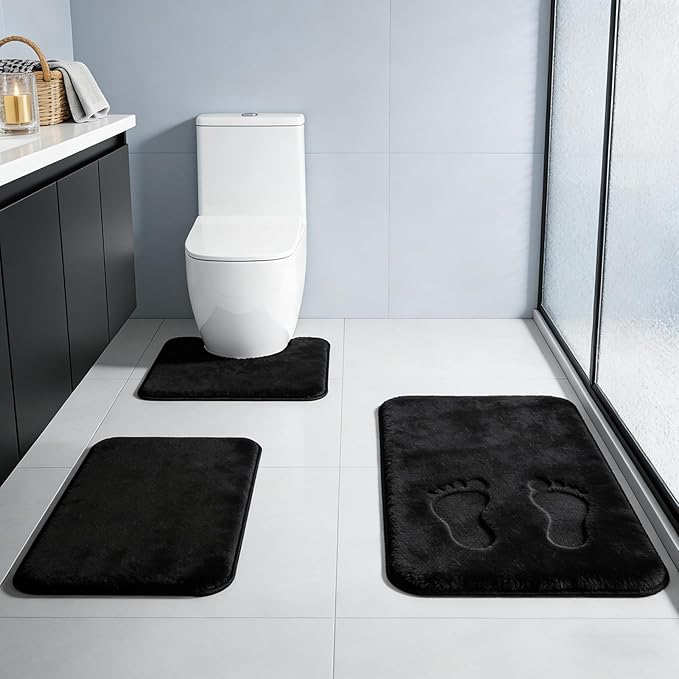 Bathroom Decor RUN HELIX Black Bathroom Rug Set Memory Foam Bath Mats 3 Piece with Toilet Mats, Soft & Supportive, Shock Absorbing, Water Absorbent, Non-Slip Bath Rugs, Machine Was